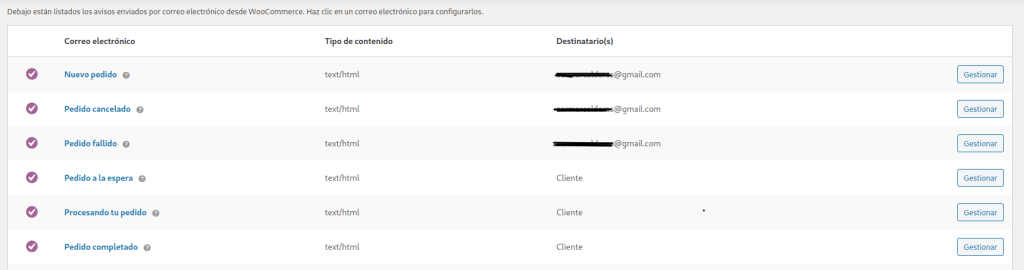 Gestion correos Woocommerce