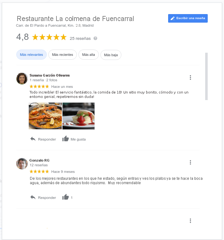 Resena Google restaurante