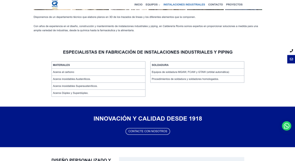 Calderería Rovira especificaciones técnicas