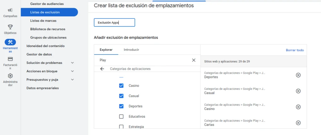 Crear lista de exclusión de emplazamientos en Google Ads