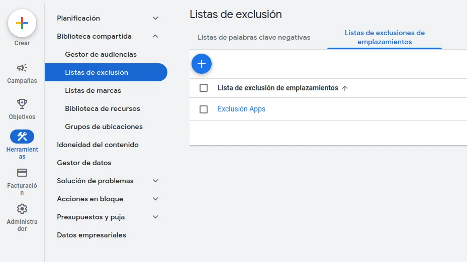 Lista de exclusión Google Ads - Ruta