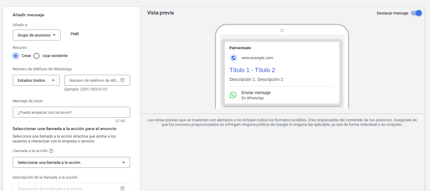 Añadir Mensajes de WhatsApp en Google Ads