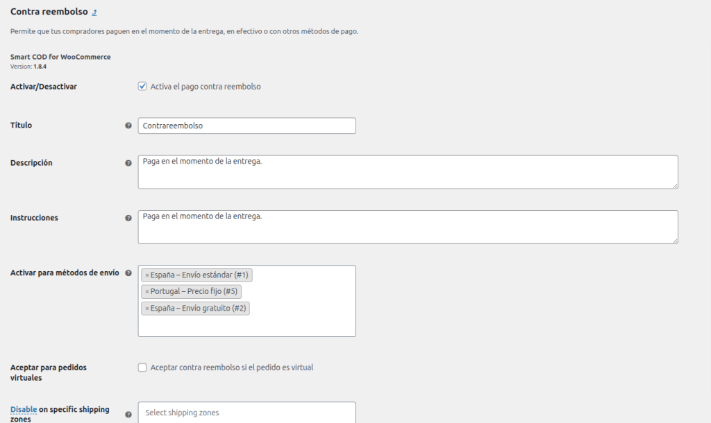 Añadir contra reembolso en WooCommerce con el plugin Smart COD